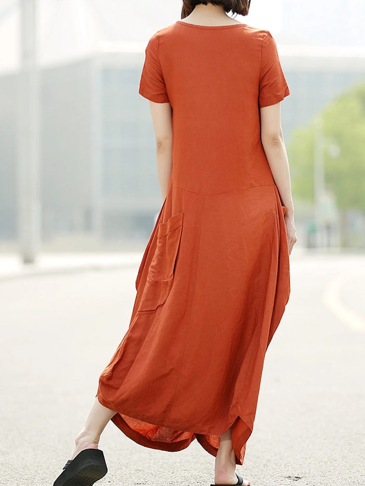 Linen Plain Crew Neck Maxi Dress