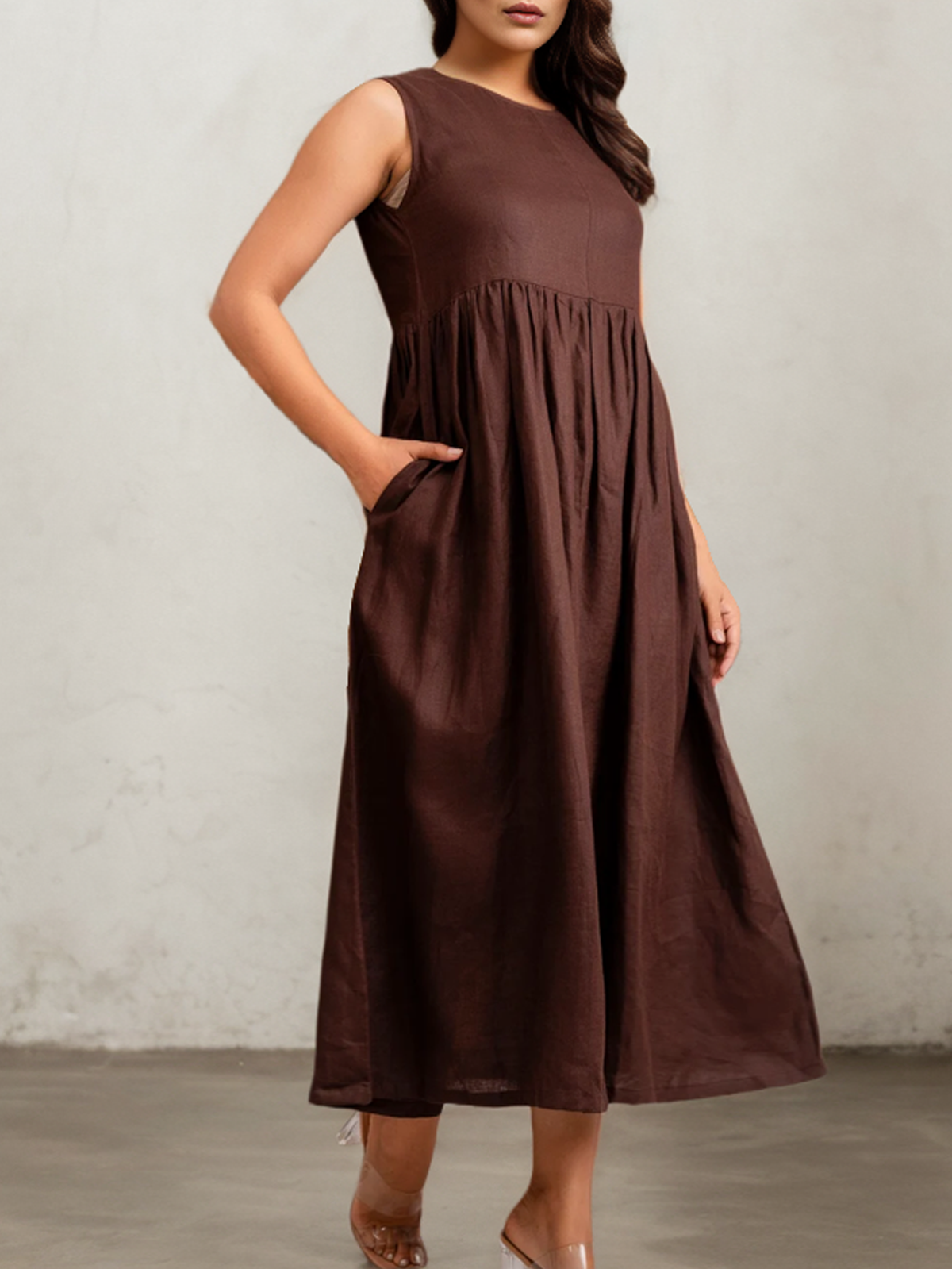 Linen Plain Crew Neck Maxi Dress