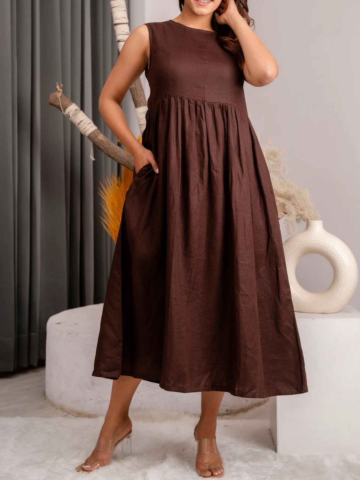 Linen Plain Crew Neck Maxi Dress