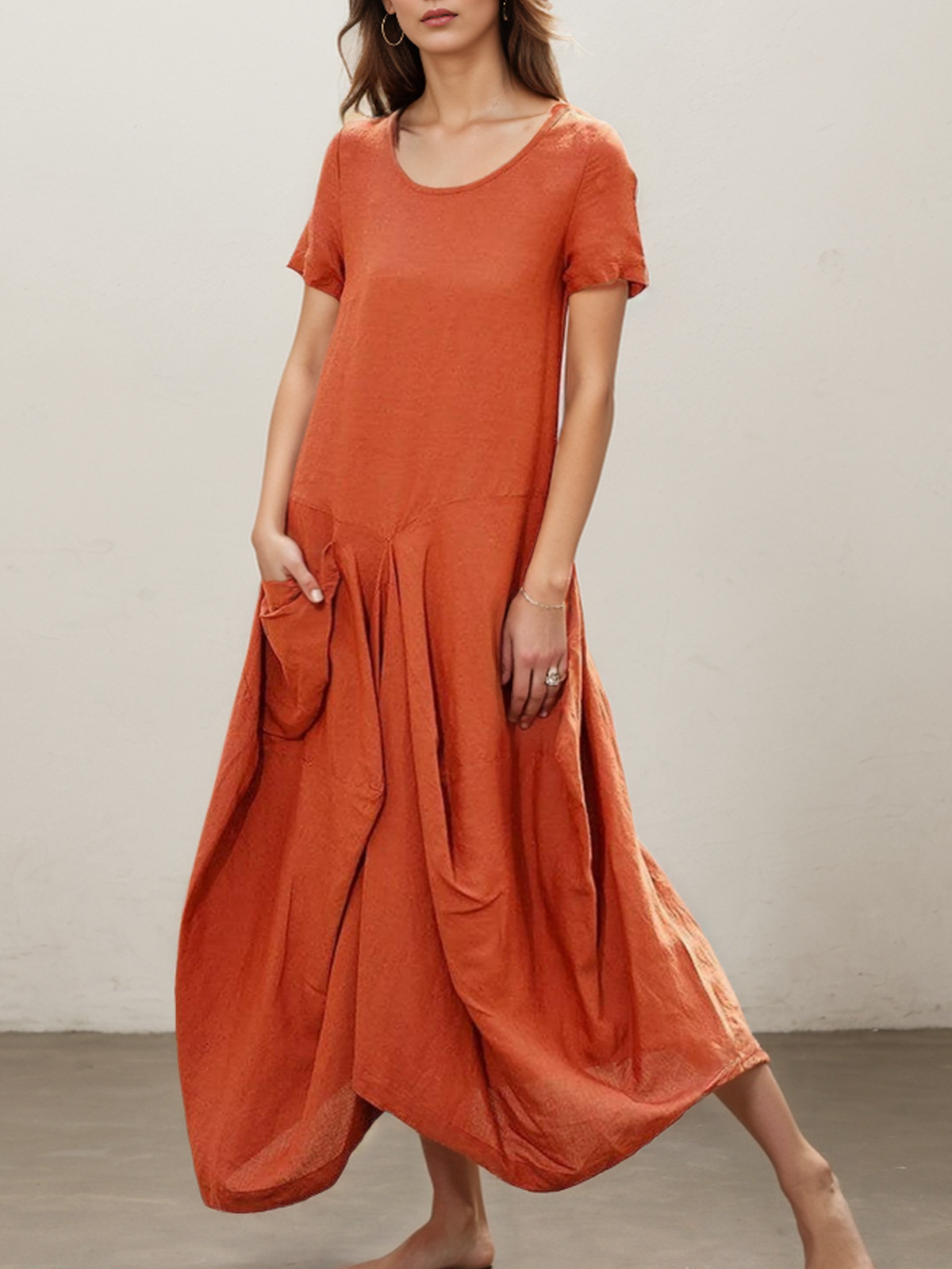 Linen Plain Crew Neck Maxi Dress