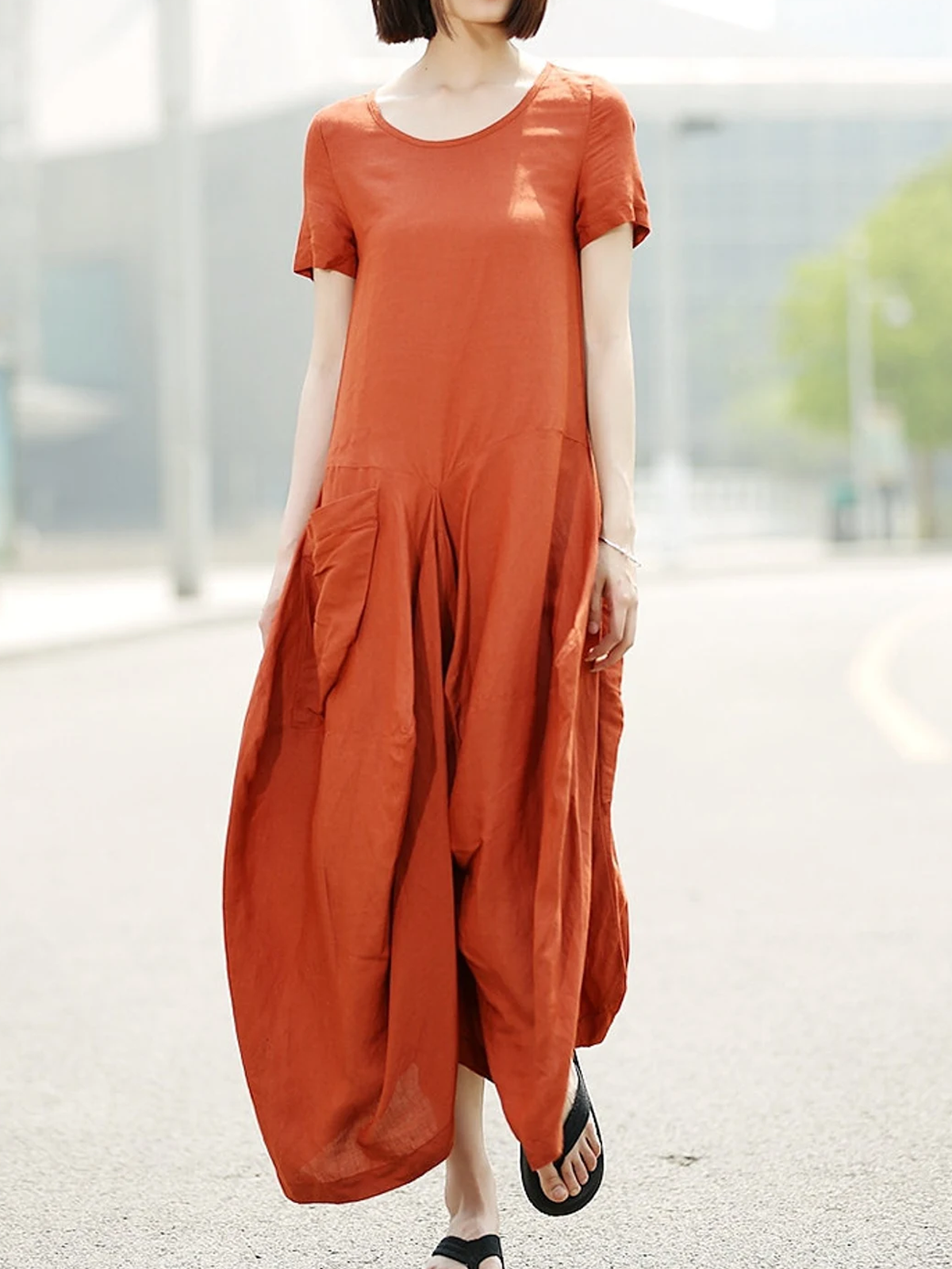 Linen Plain Crew Neck Maxi Dress