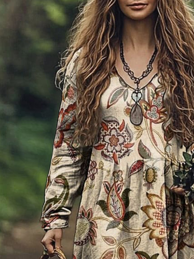 Botanical Pattem Long Sleeve V-neck Dress