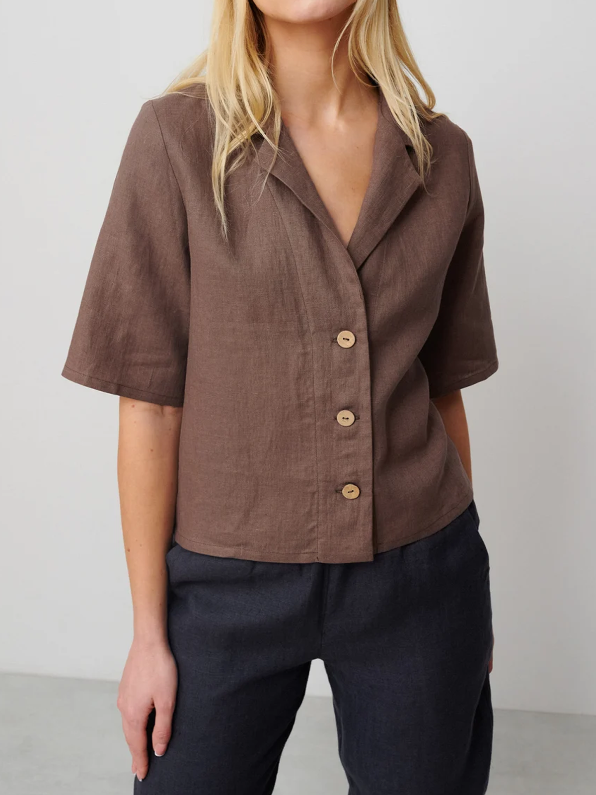 Cotton And Linen Linen Plain Camp Collar Shirt