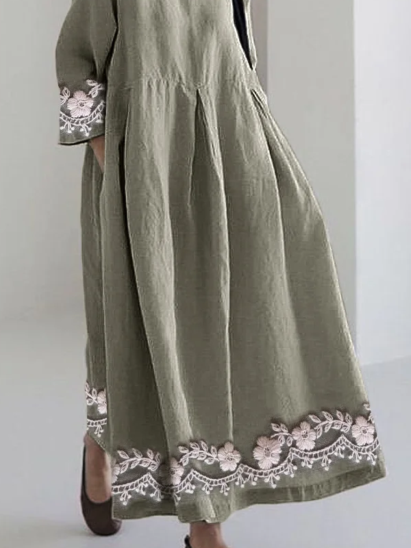 Classy Floral Embroidered Hem Linen Blend Maxi Dress