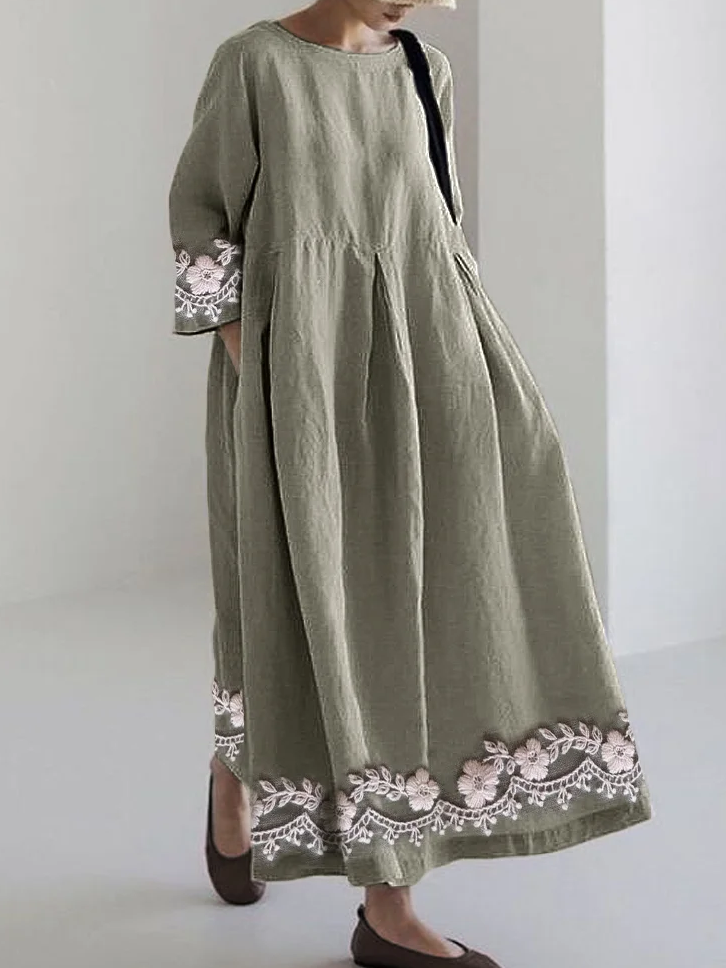 Classy Floral Embroidered Hem Linen Blend Maxi Dress