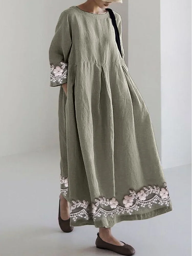 Classy Floral Embroidered Hem Linen Blend Maxi Dress