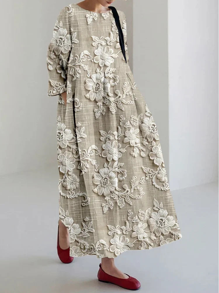 Cottage Floral Embroidered Lace Linen Blend Maxi Dress