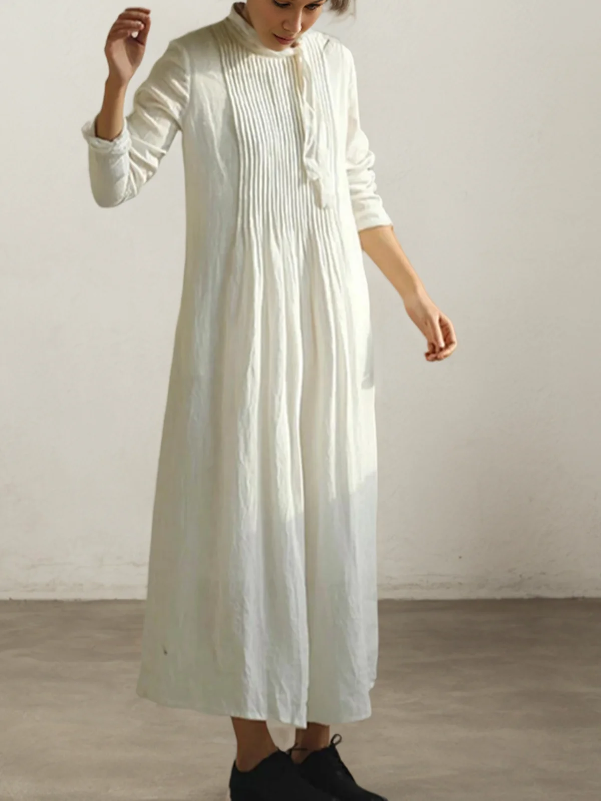 Linen Plain Crew Neck Dress