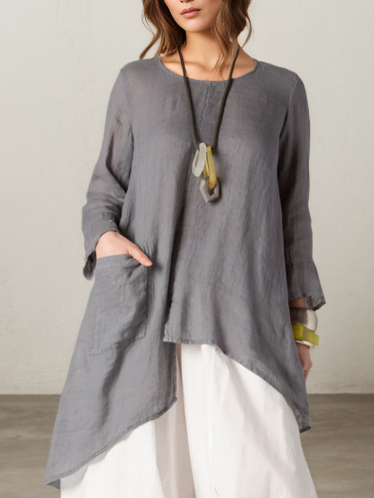 Cotton And Linen Linen Plain Crew Neck Blouse