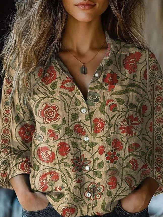 Vintage Folk Floral Art Print Long Sleeve Comfortable Cotton Shirt