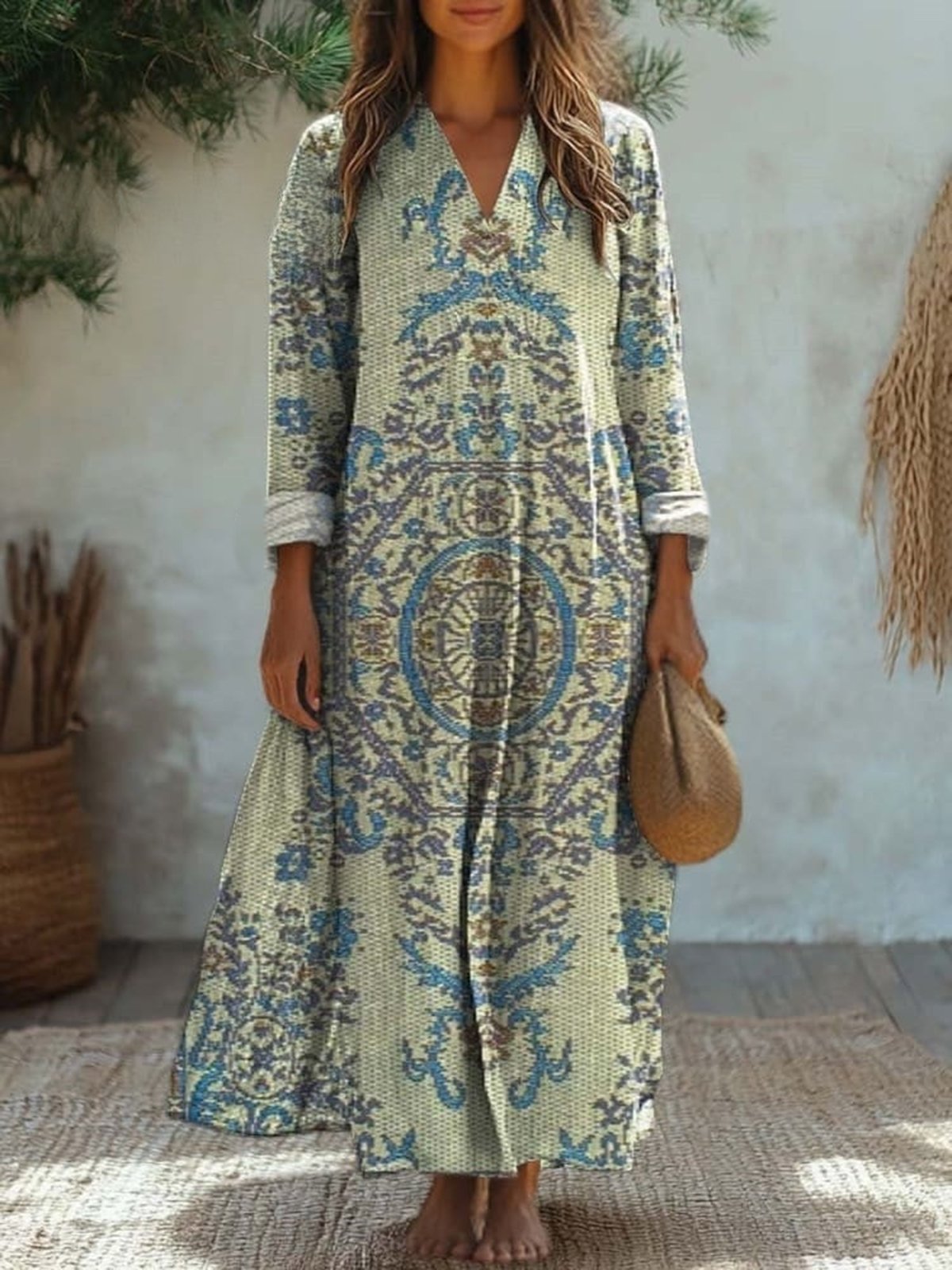 Ethnic Print Long Sleeve V-neck Dress