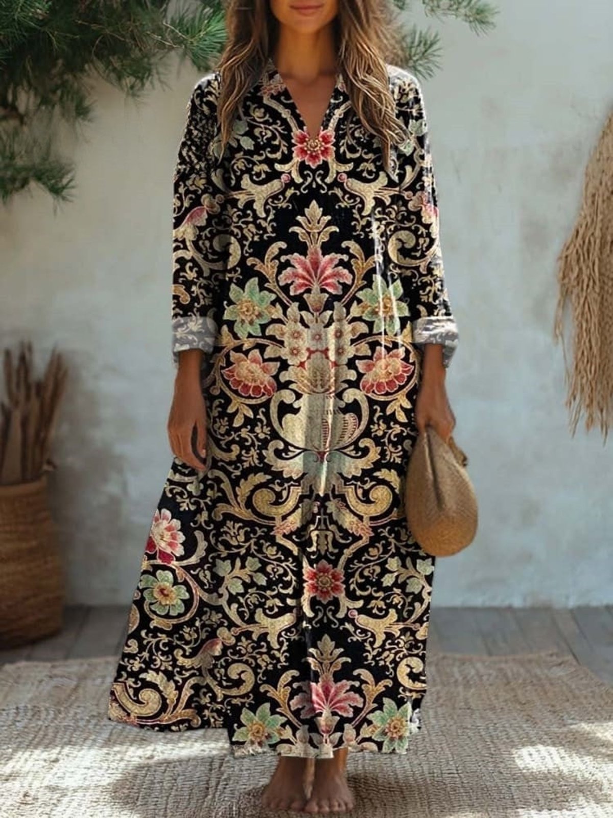 Ethnic Print Long Sleeve V-neck Dress