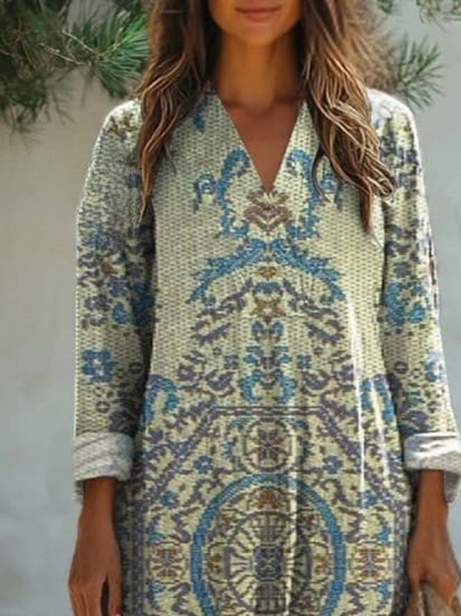 Ethnic Print Long Sleeve V-neck Dress