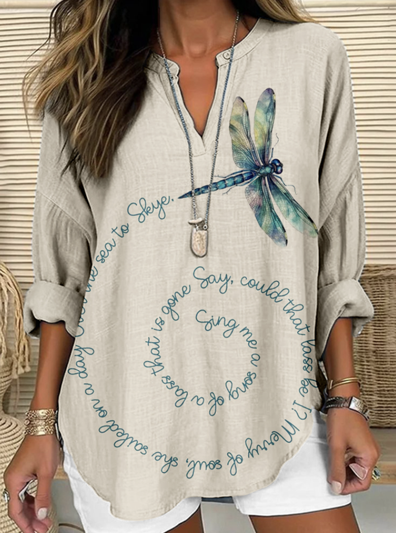 TV dragonfly V-neck casual long sleeved shirt