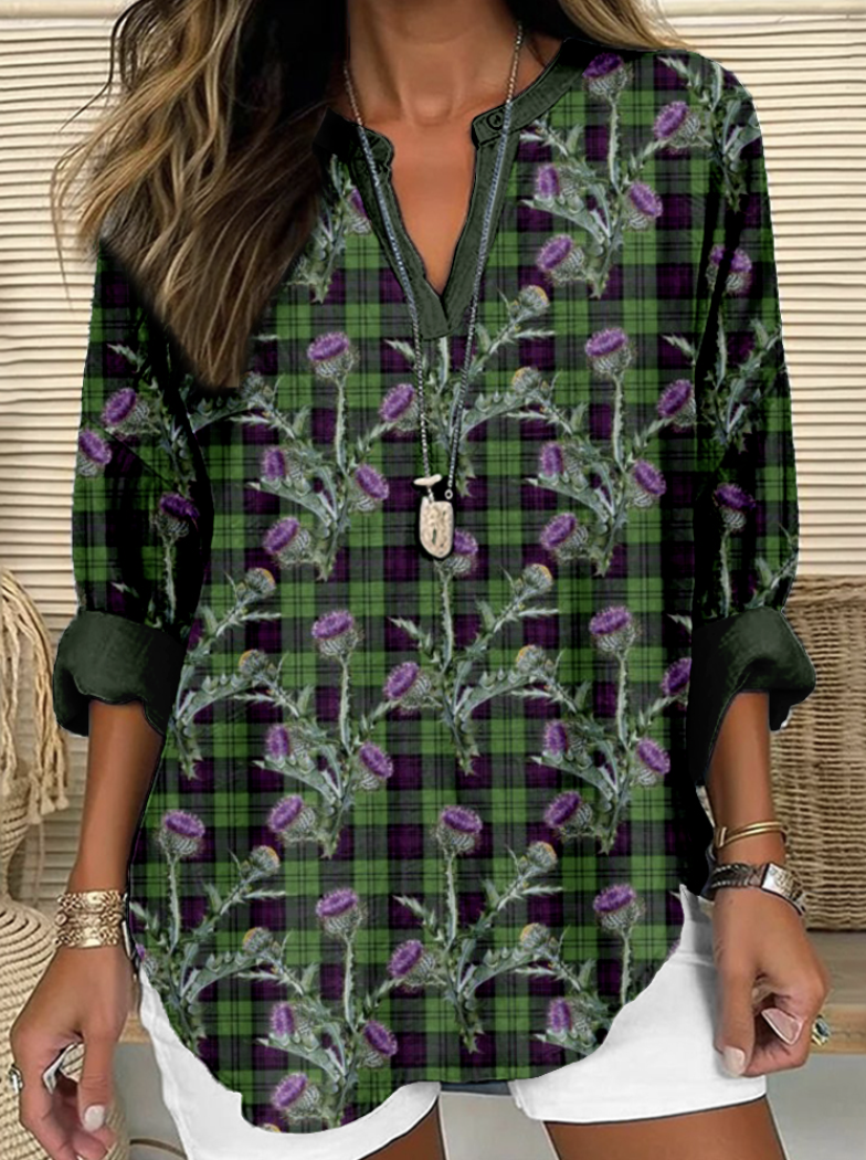 Plant floral print V-neck casual long sleeved shirt