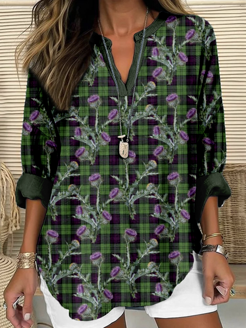 Plant floral print V-neck casual long sleeved shirt