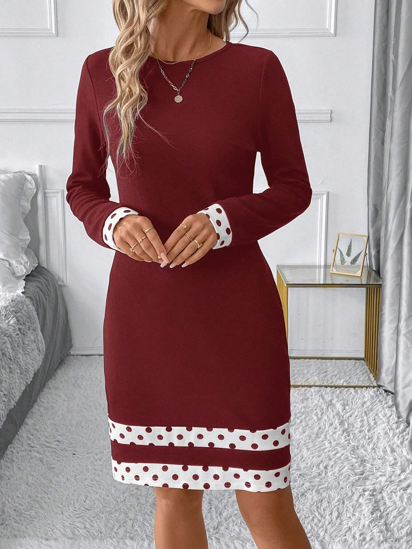 Women's Fashion Elegant Color Splicing Long Sleeve Slim Dress