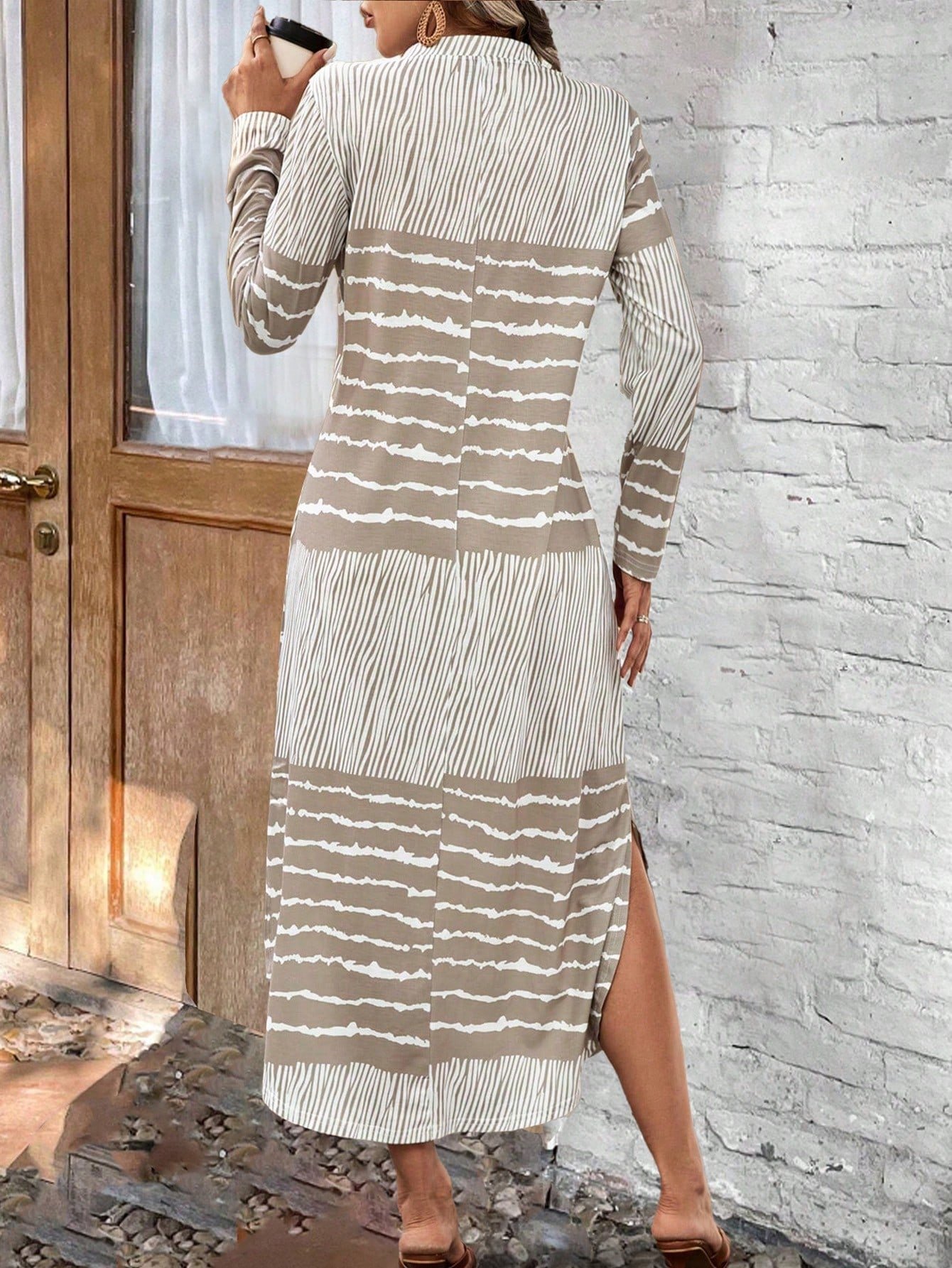 Women's Retro Elegant Striped Splicing Long Sleeve Slit Dress