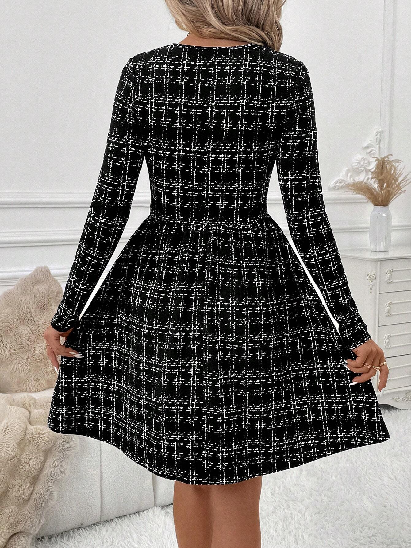 Women's Fashion Elegant Color Splicing Long Sleeve Slim Dress