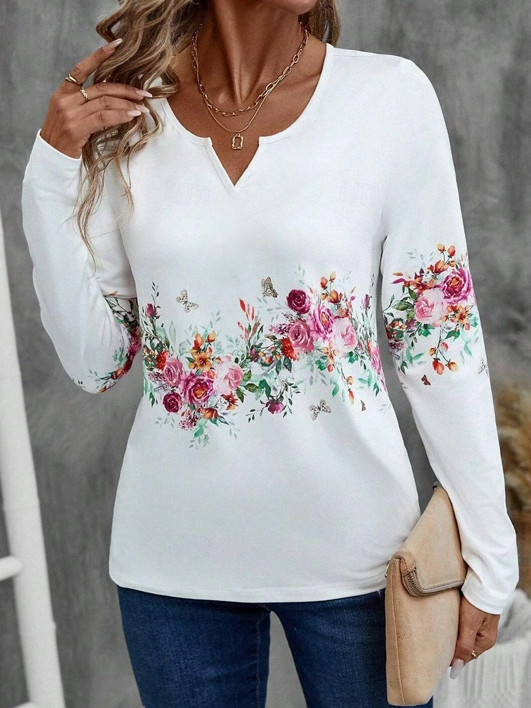 Casual Long Sleeve V Neck T-Shirt