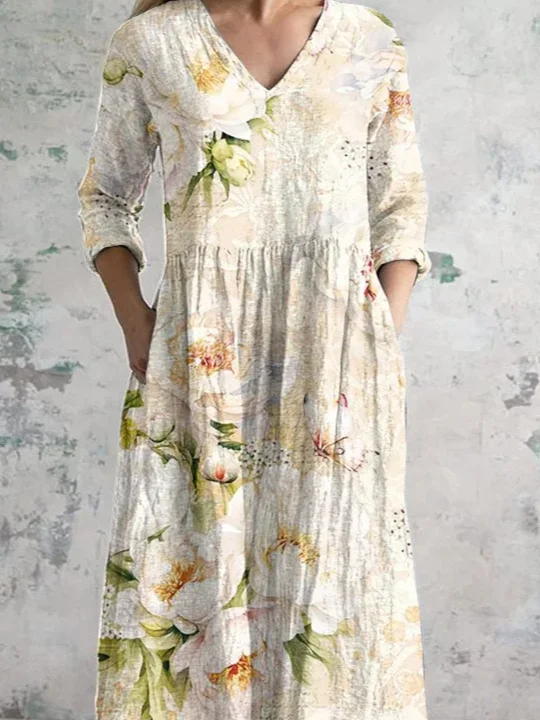 Women's Vintage Lovely Floral Art Print Pocket Cotton Dress