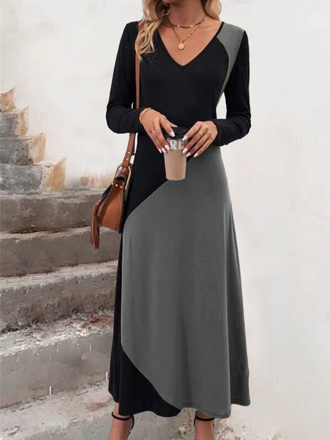 Casual Elegant Contrast Color Long Sleeve Dress