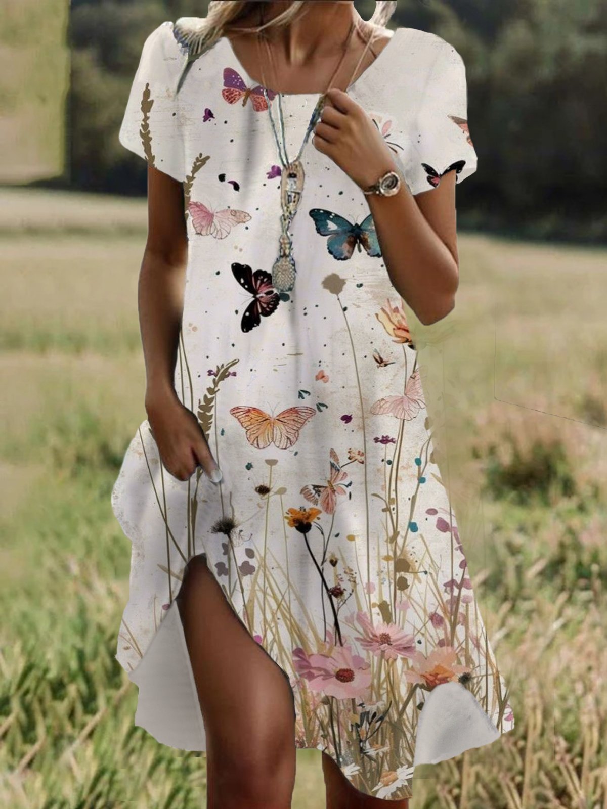 Floral Print Short Sleeve Crew Neck Dress