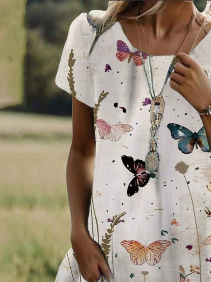 Floral Print Short Sleeve Crew Neck Dress