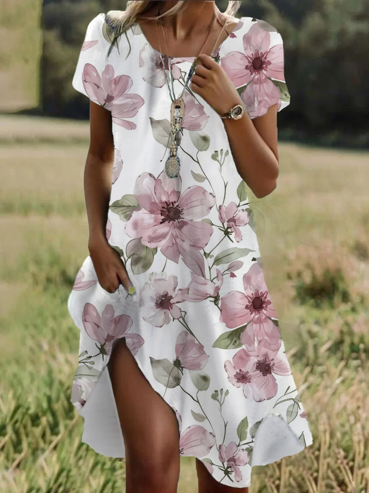 Floral Print Short Sleeve Crew Neck Dress