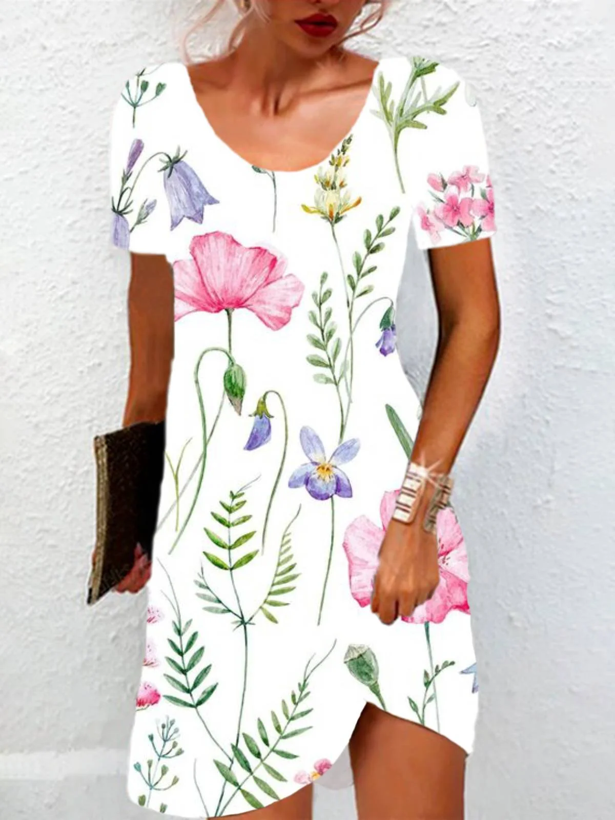 Floral Print Short Sleeve Crew Neck Dress