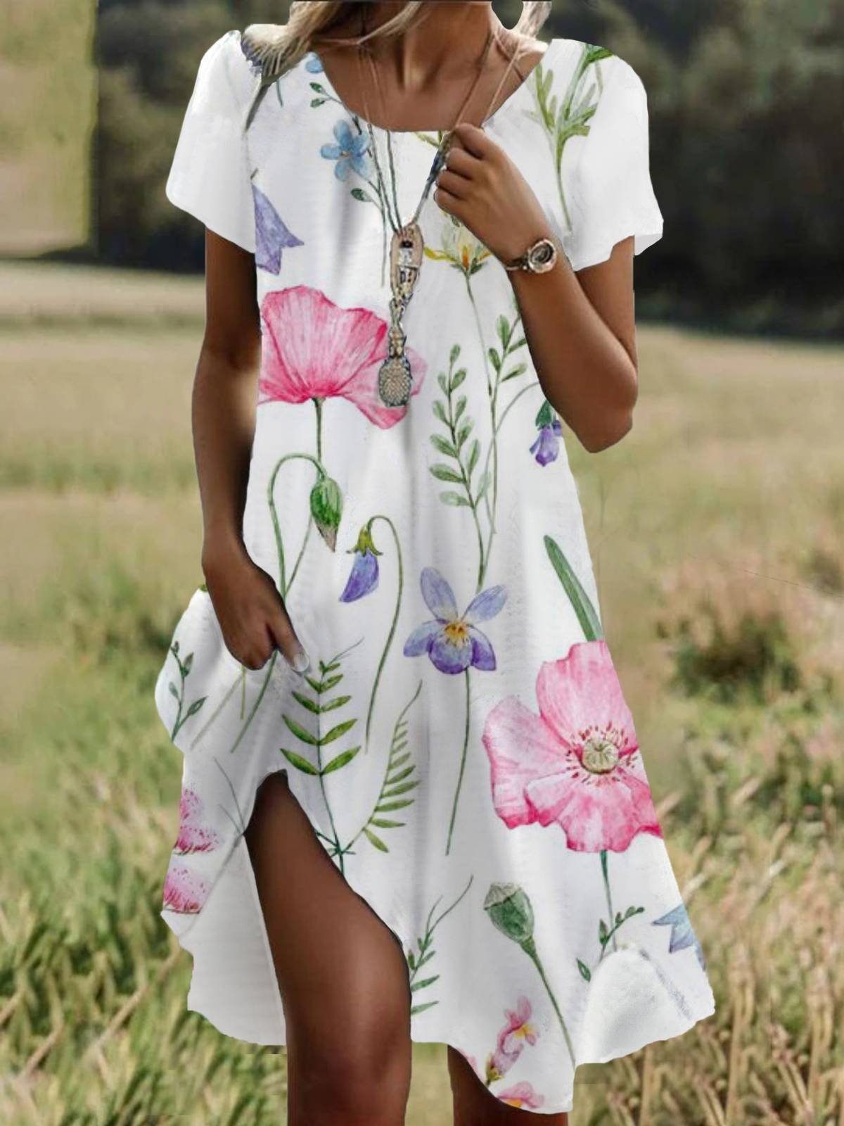 Floral Print Short Sleeve Crew Neck Dress