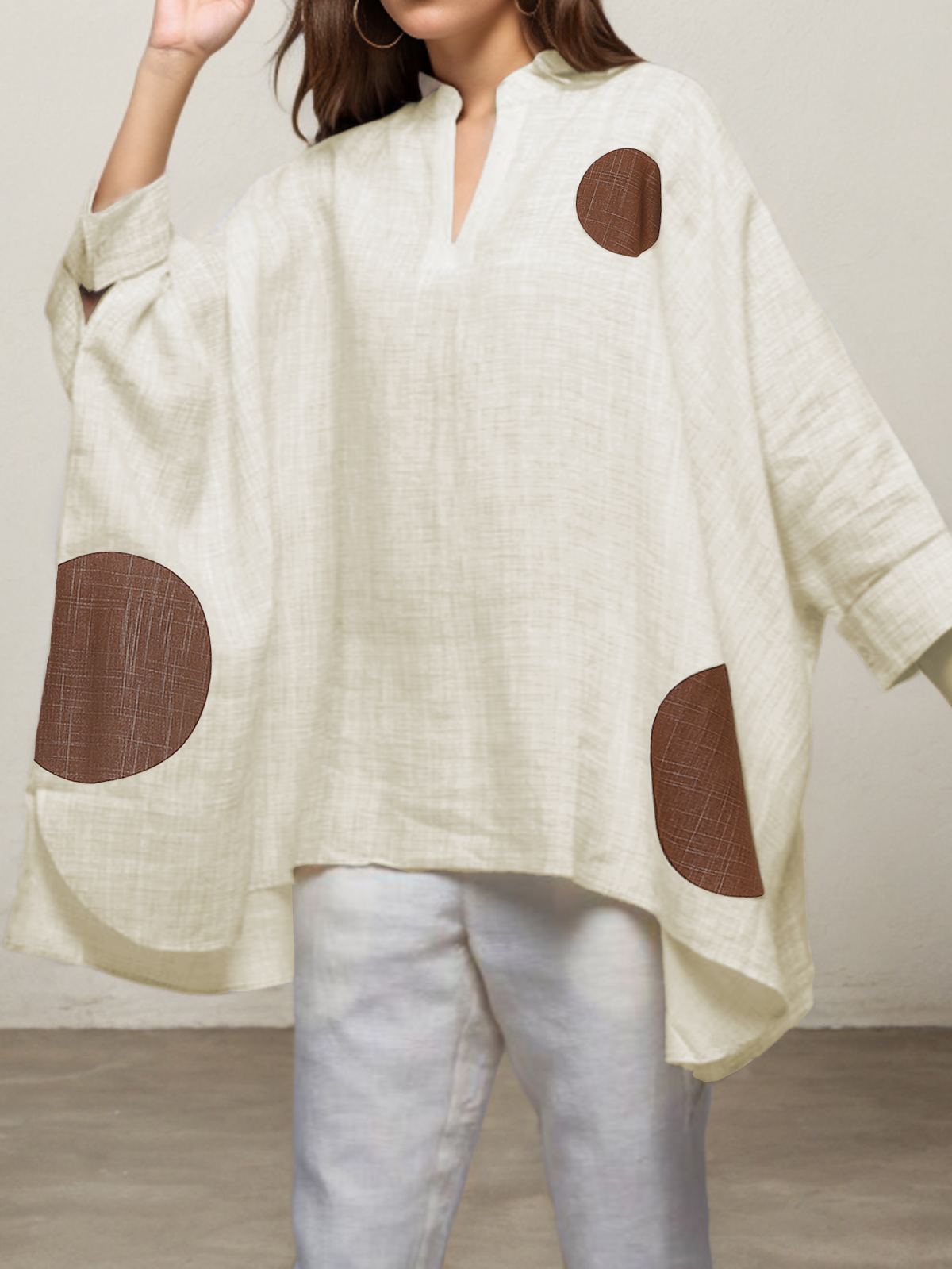 Women Polka Dots Crew Neck Linen Long Sleeve T-shirt