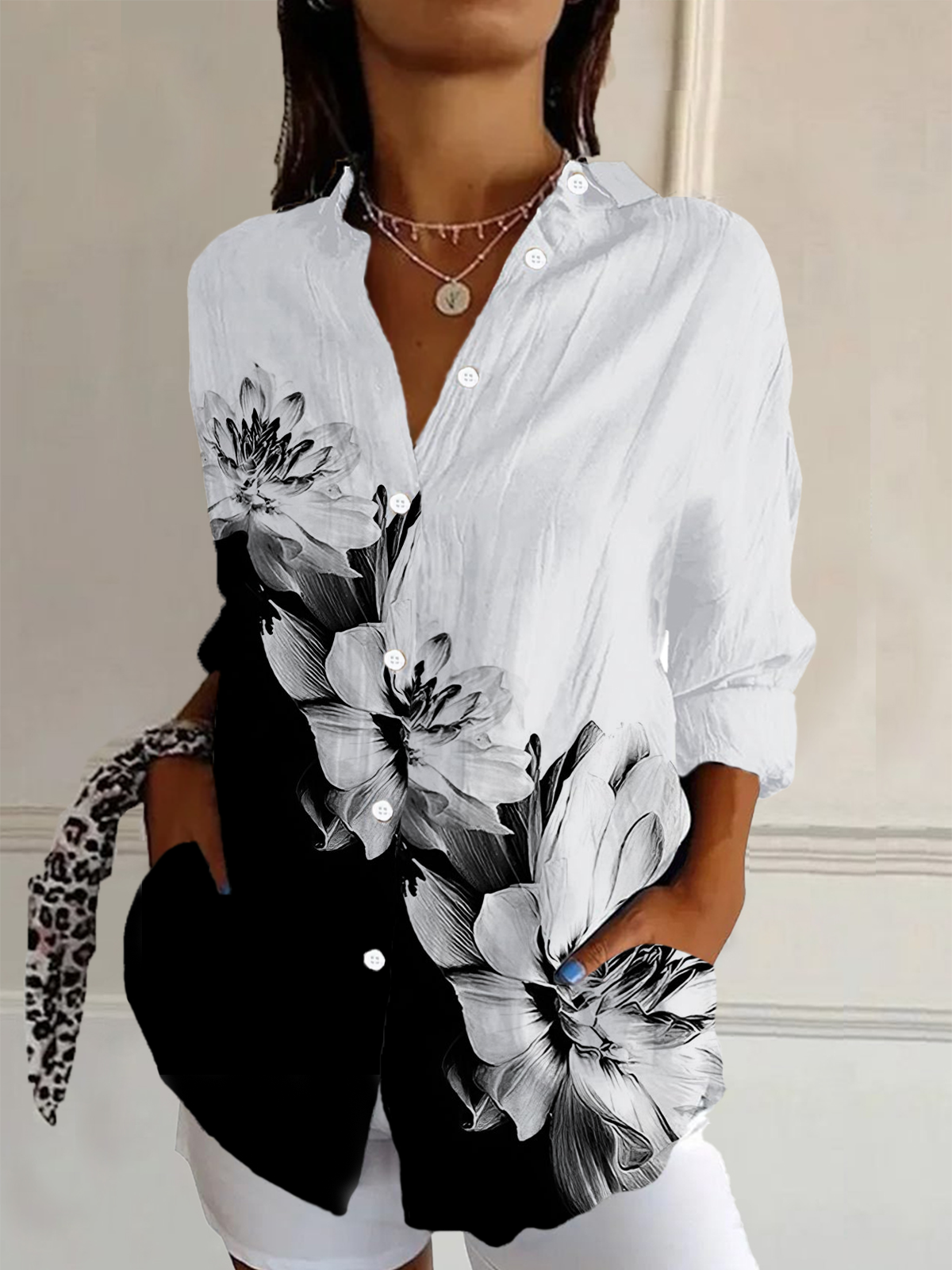 Women's Long Sleeve Shirt Spring/Fall As Picture Floral Buckle Shirt Collar Daily Going Out Casual Top