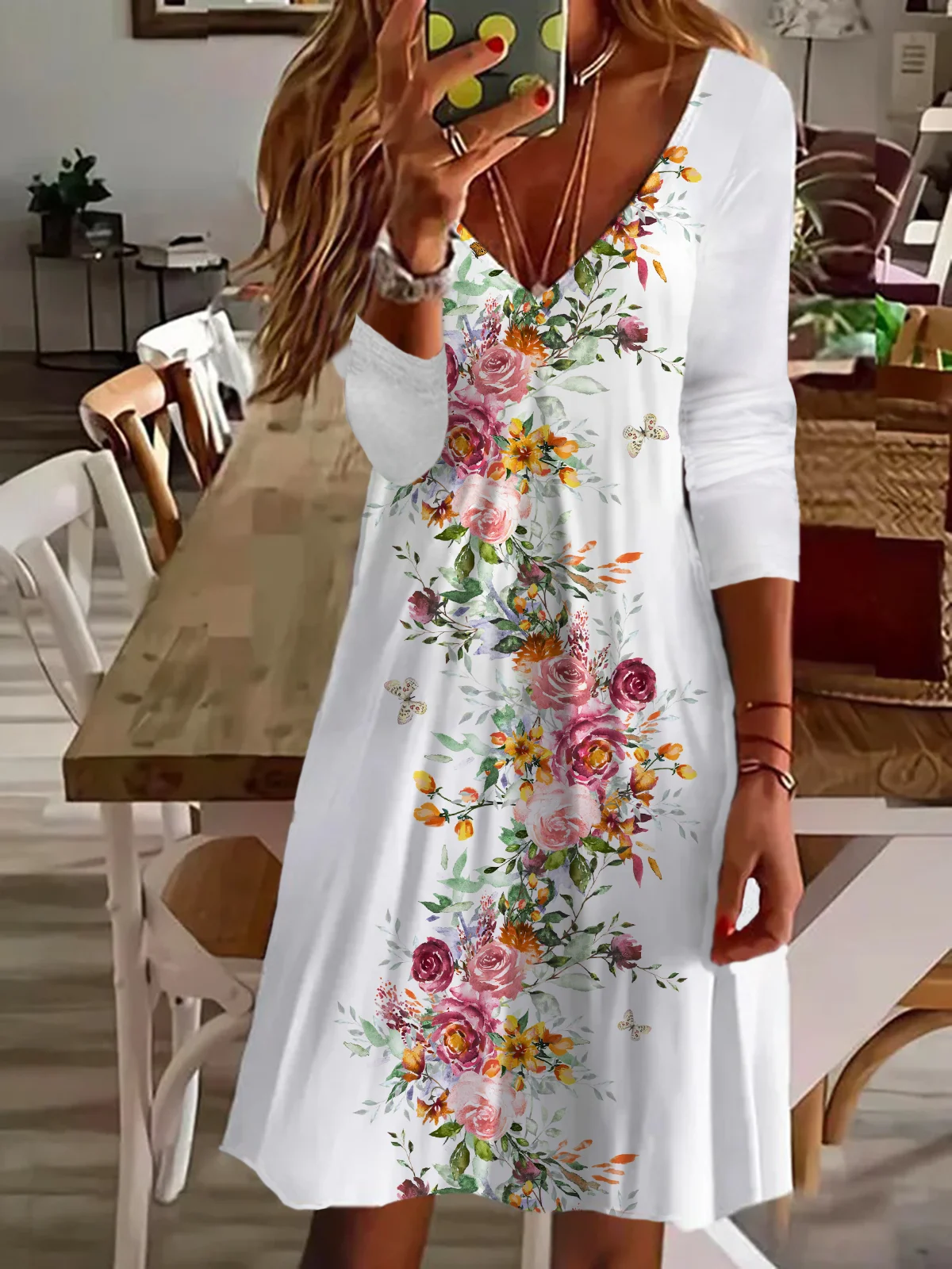 Women's Long Sleeve Spring Floral Print V-Neck Casual Dress