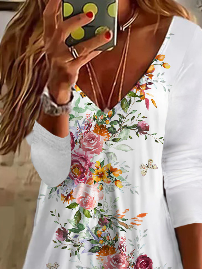 Women's Long Sleeve Spring Floral Print V-Neck Casual Dress