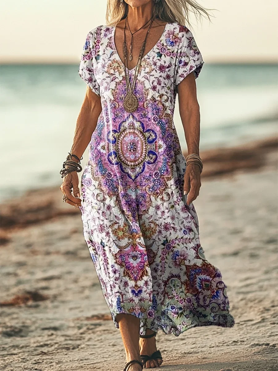 Women's Short Sleeve Summer Purple Floral Printing V Neck Daily Going Out Casual Maxi H-Line T-Shirt Dress Dress