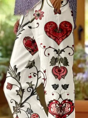 Women's Spring Flower Heart Valentine's Day Straight Daily Casual Printed Spring and Autumn Pants