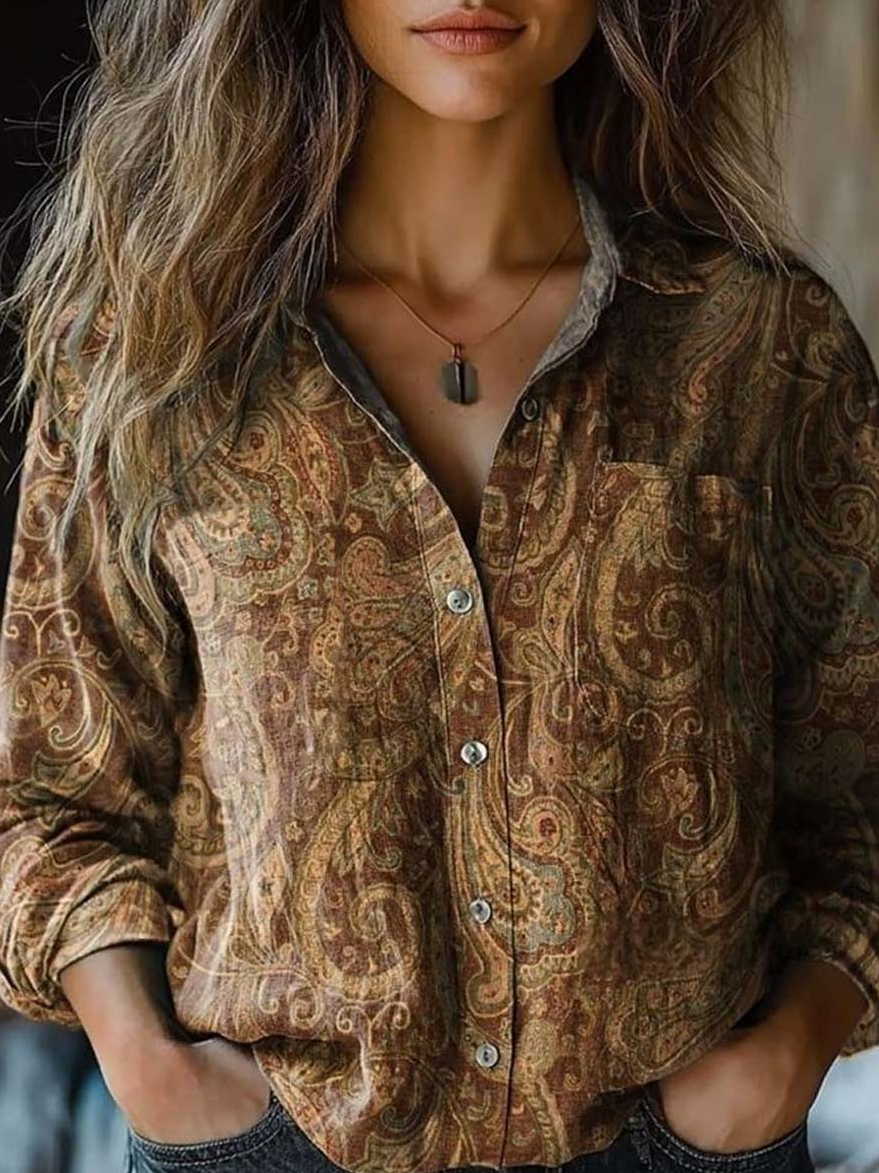 Paisley Shawl Collar Loose Casual Shirt