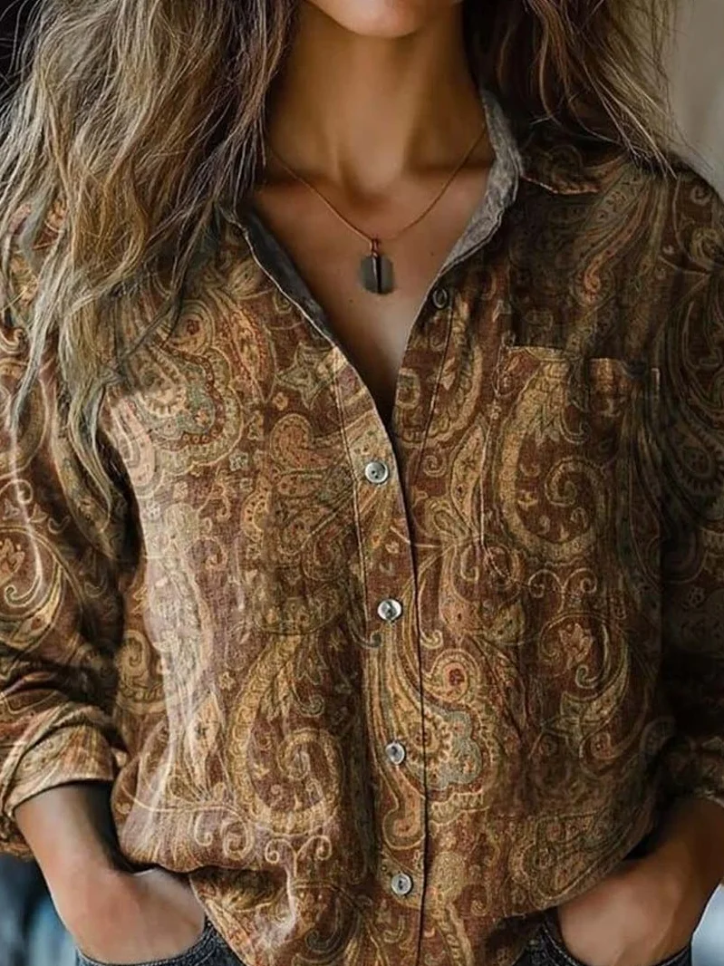 Paisley Shawl Collar Loose Casual Shirt