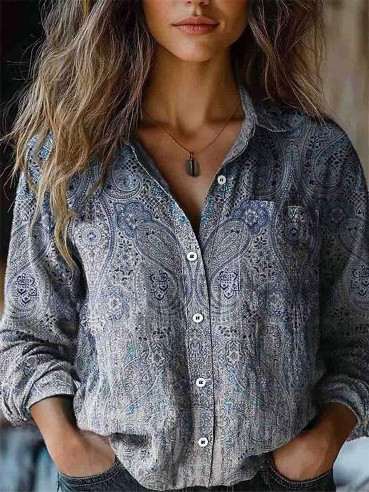 Women's Retro Floral Totem Print Casual Long Sleeve Comfortable Cotton Shirt