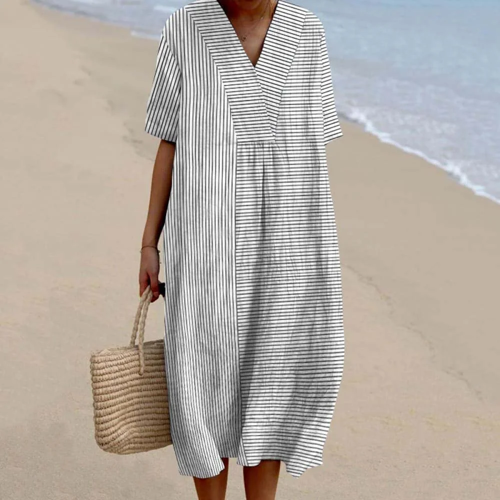 Boho Striped Cotton-Blend V Neck Dress With No