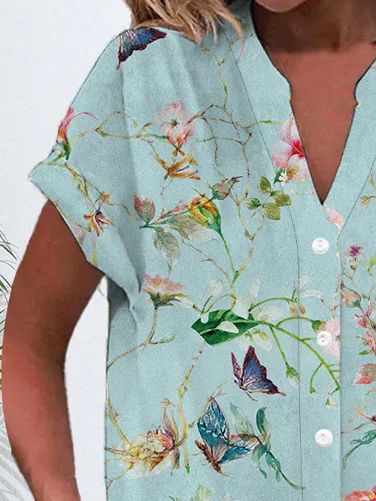 Women's Short Sleeve Shirt Summer Green Floral Printing V Neck Daily Going Out Casual Top