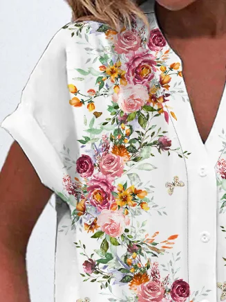 Women's Short Sleeve Shirt Summer White Floral Printing V Neck Daily Going Out Casual Top