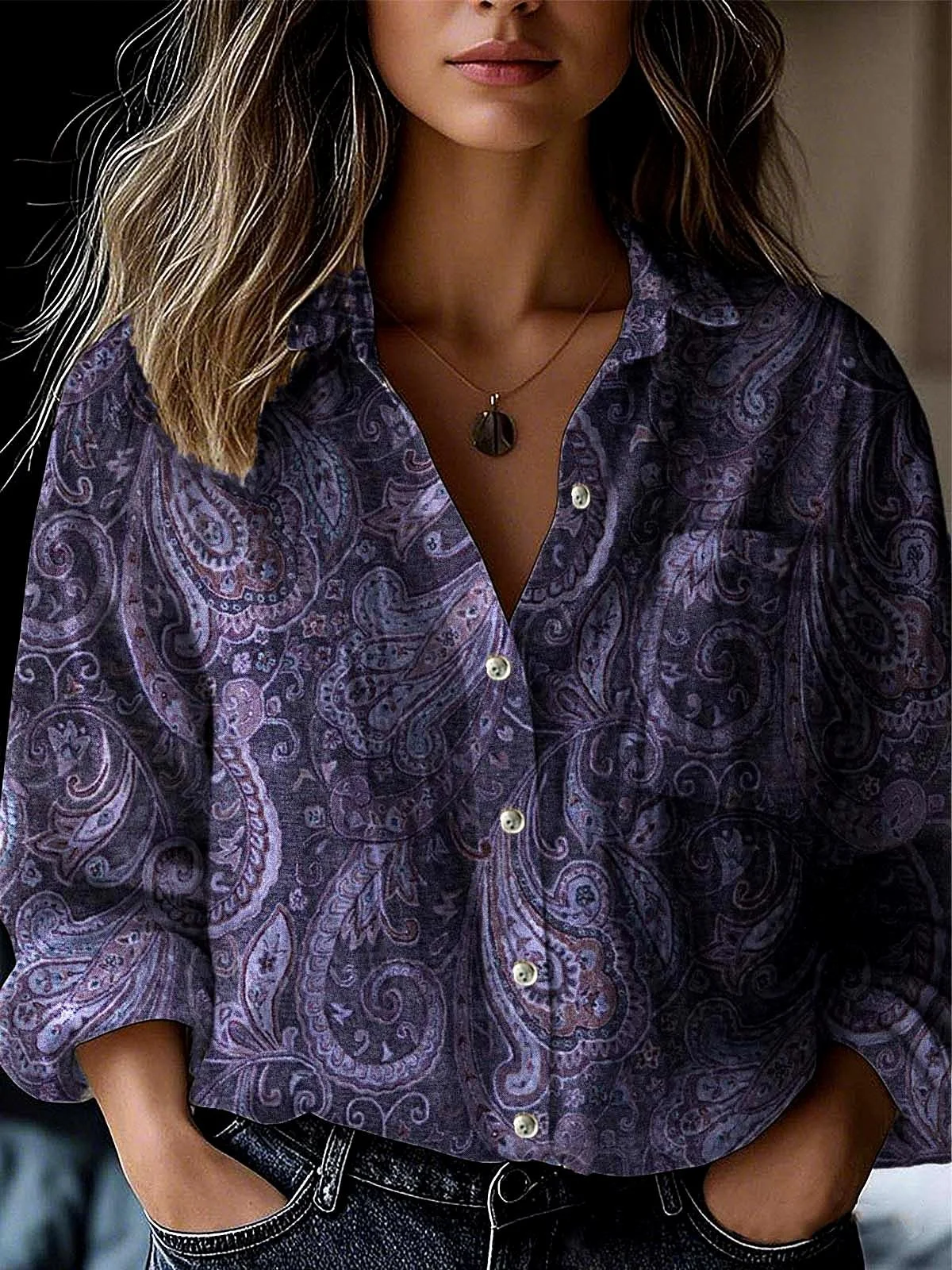 Paisley Shawl Collar Loose Casual Shirt