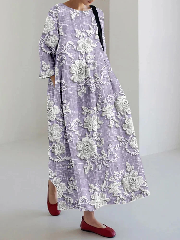 Cottage Floral Embroidered Lace Linen Blend Maxi Dress