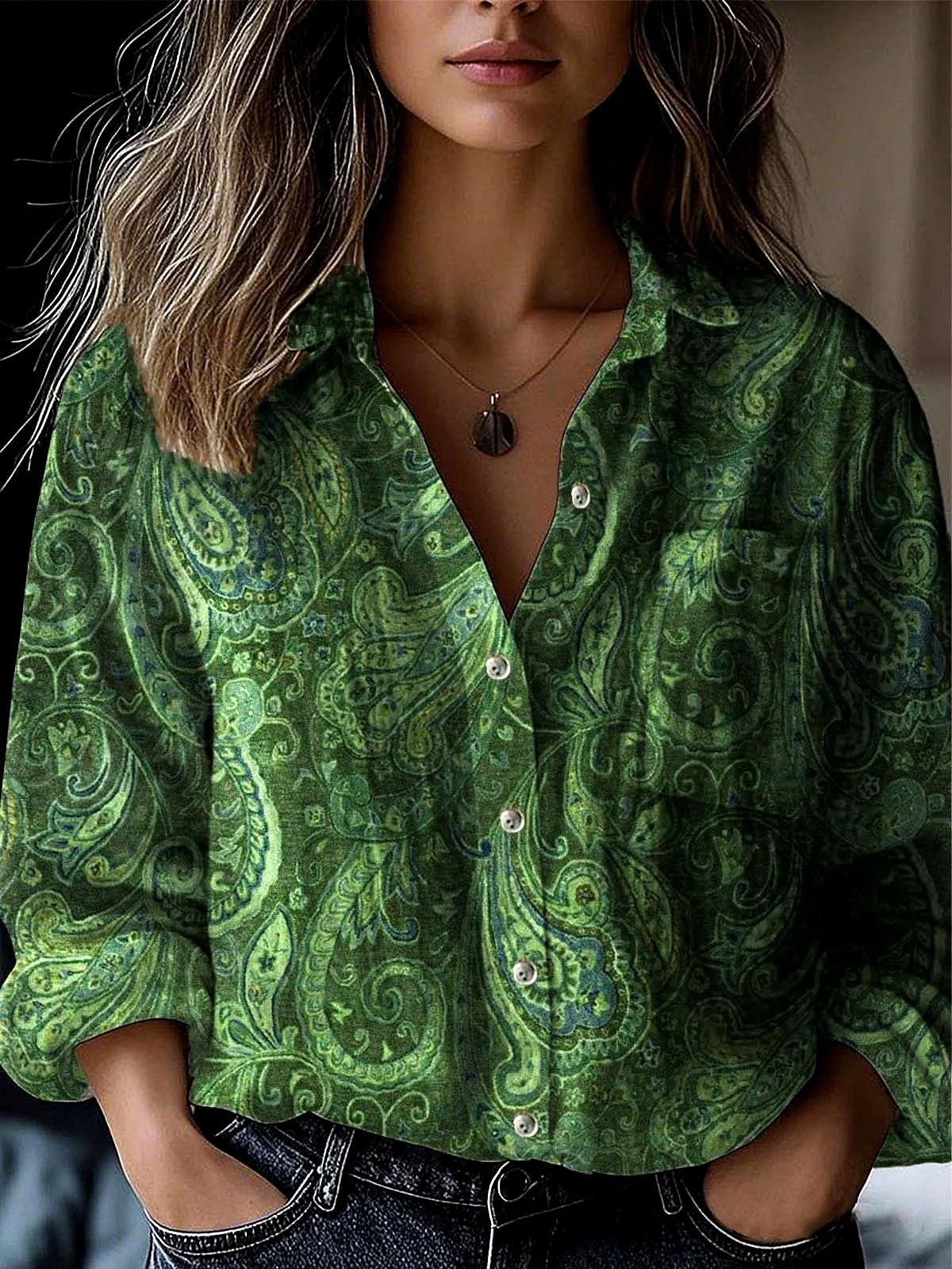 Paisley Shawl Collar Loose Casual Shirt