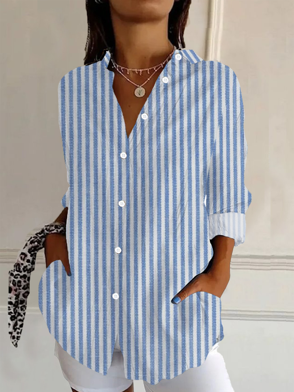 Women's Long Sleeve Shirt Spring/Fall Blue Striped Buckle Shirt Collar Daily Going Out Casual Top