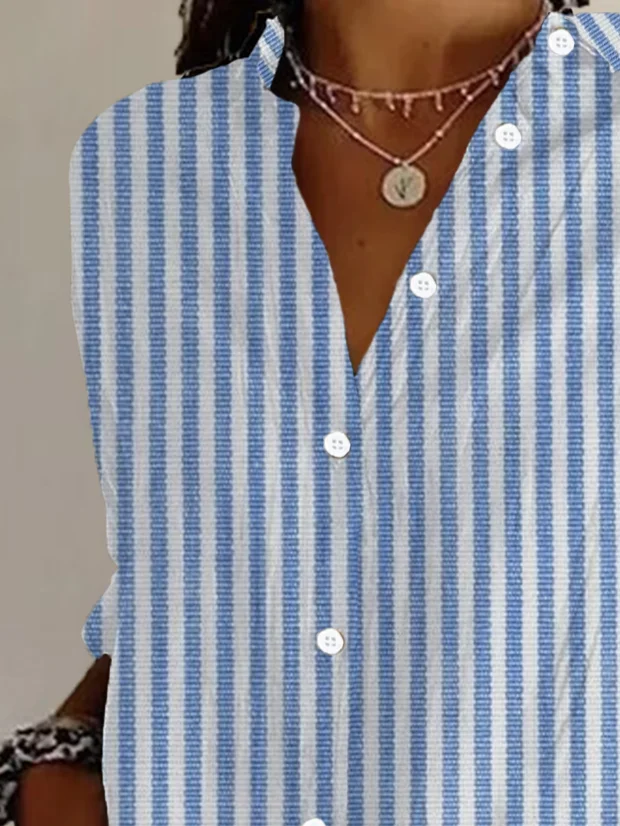 Women's Long Sleeve Shirt Spring/Fall Blue Striped Buckle Shirt Collar Daily Going Out Casual Top