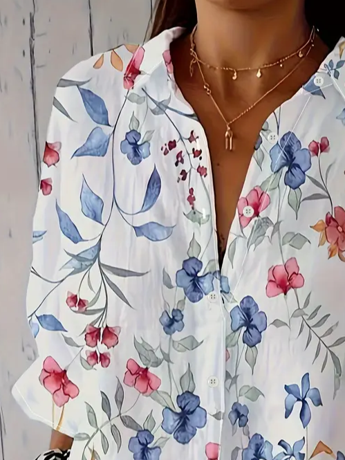 Women's Long Sleeve Shirt Spring/Fall White Floral Buckle Shirt Collar Daily Going Out Casual Top