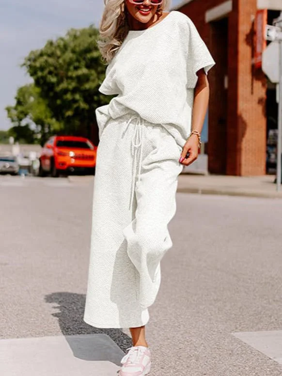 Women's Plain Daily Going Out Two-Piece Set White Casual Summer Top With Pants Matching Set